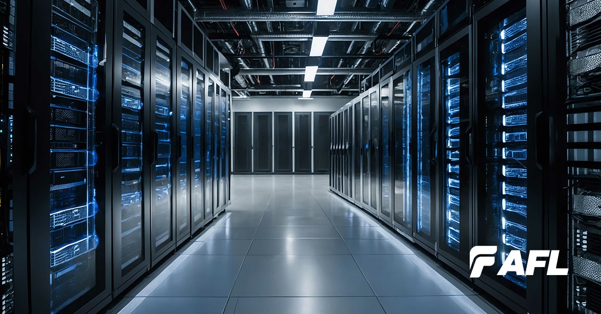 Data center walkway showing blue cabinet lights